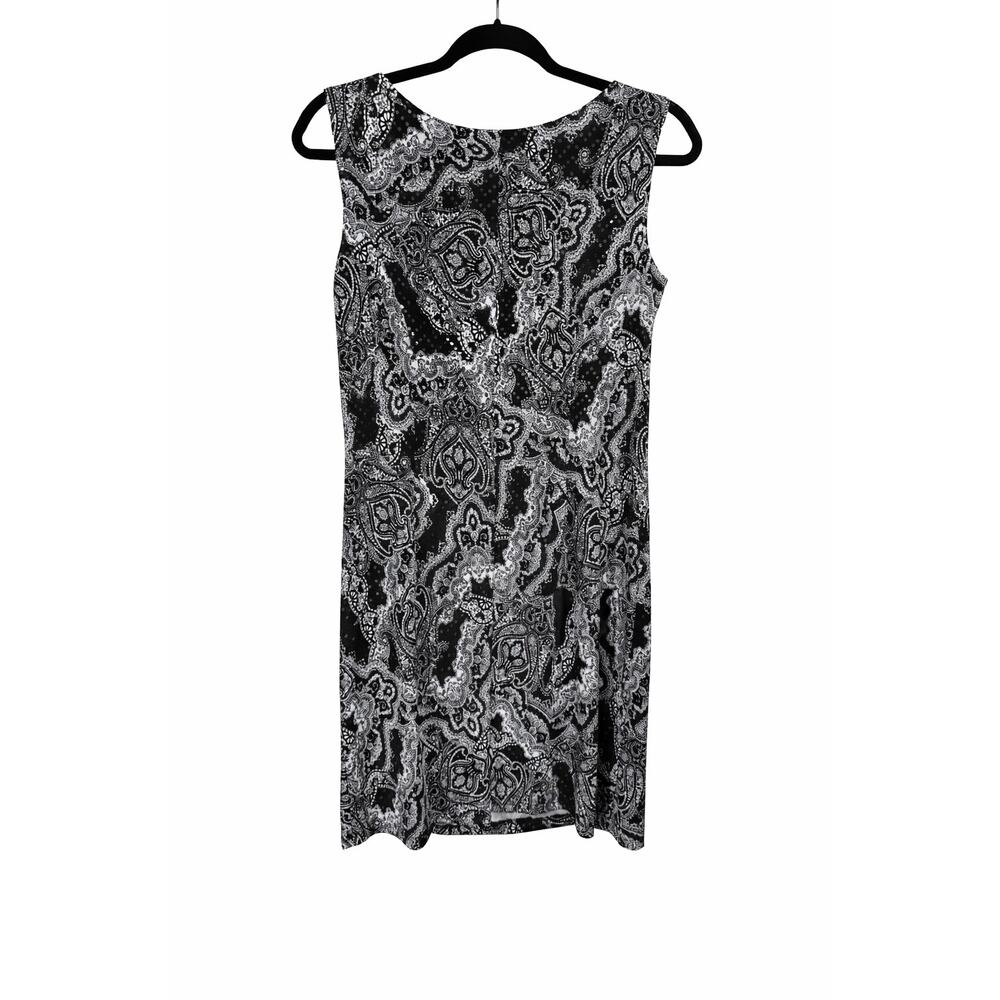 JBS Black White Paisley‎ Sequin Ruffle Shift Dress Small Monochrome Chic Stretch